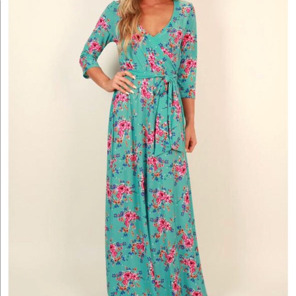 Turquoise pink floral cross top maxi - sz L NWT
